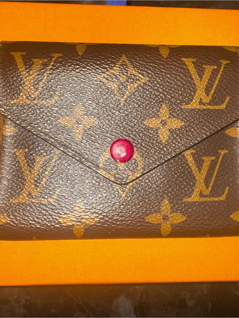 Authentic Louis Vuitton Monogram Envelope Wallet - Brown with Red Button